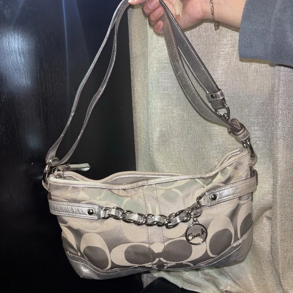 vtg COACH Metallic Silver Signature Hobo Bag Chain Charm Purse Y2K
